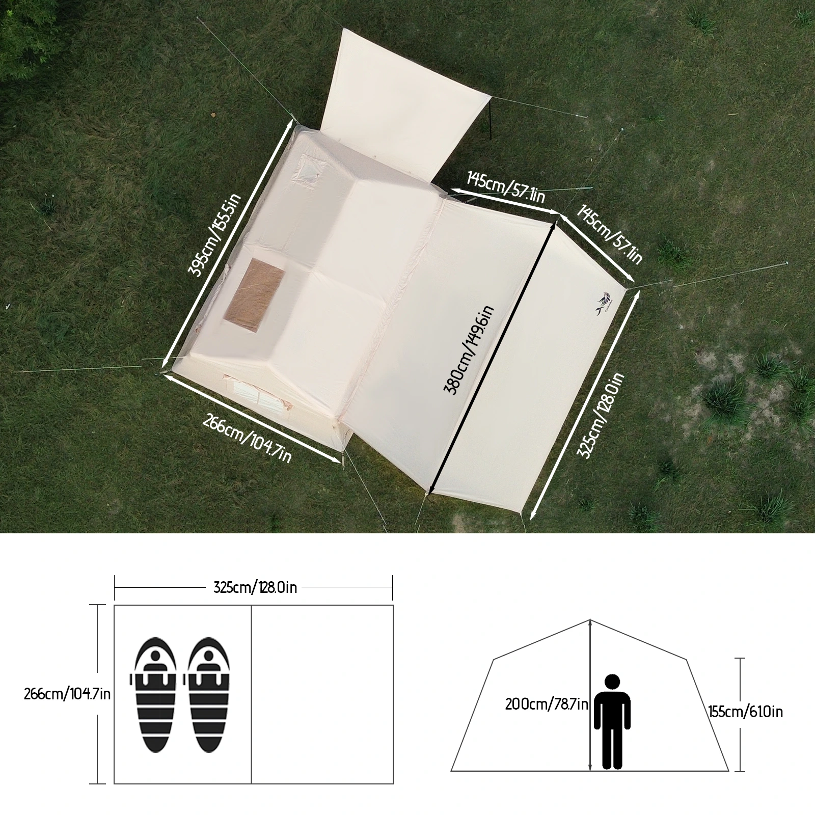 Tent top view layout The top-view layout clearly illustrates the tent's interior arrangement, maximizing usable living and storage space.