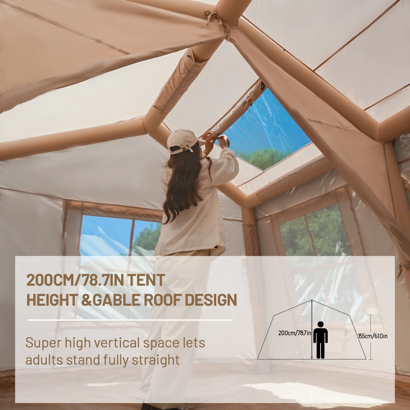 High ceiling design The tall ceiling allows adults to stand comfortably inside, creating a more spacious camping experience.