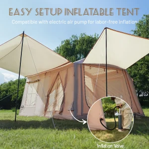 This 10.9㎡ inflatable camping tent features a spacious layout, fast air inflation, and comfortable living space for family camping and outdoor adventures.