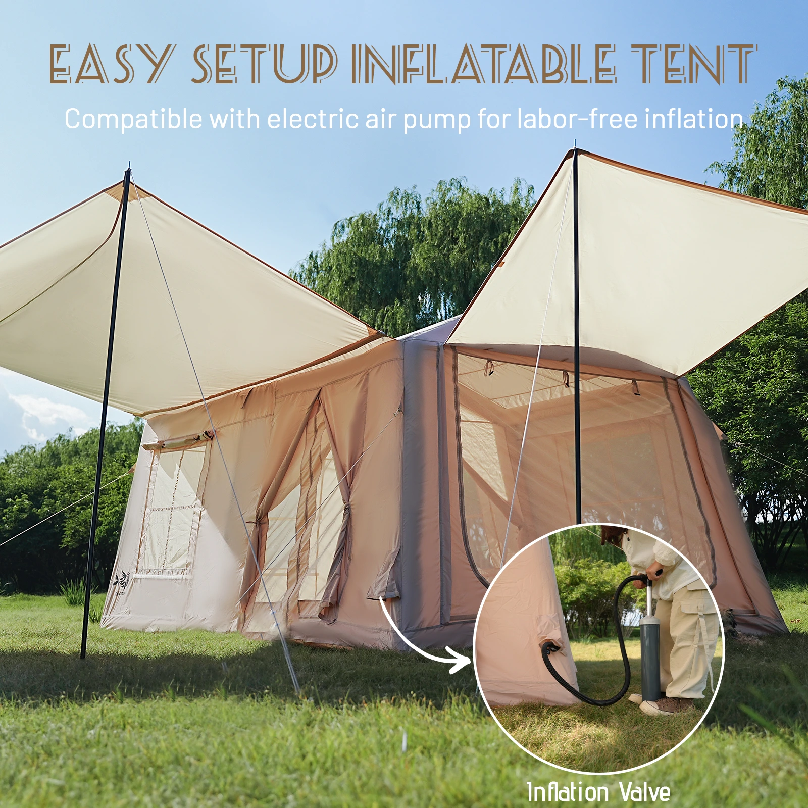 10.9㎡ inflatable camping tent This 10.9㎡ inflatable camping tent features a spacious layout, fast air inflation, and comfortable living space for family camping and outdoor adventures.